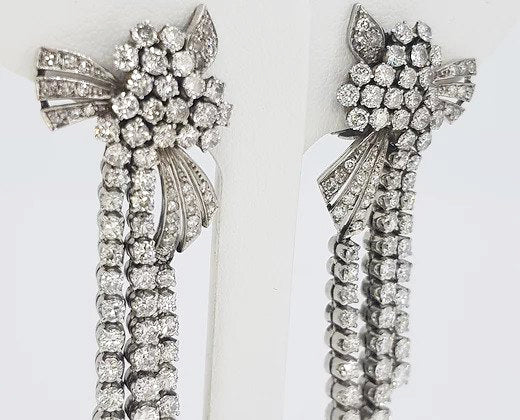 Diamond and Platinum Drop Earrings; 5.00 carat total; brilliant-cut diamond set clusters and drops, a decadent piece, in platinum, estimated 5.00 carats.