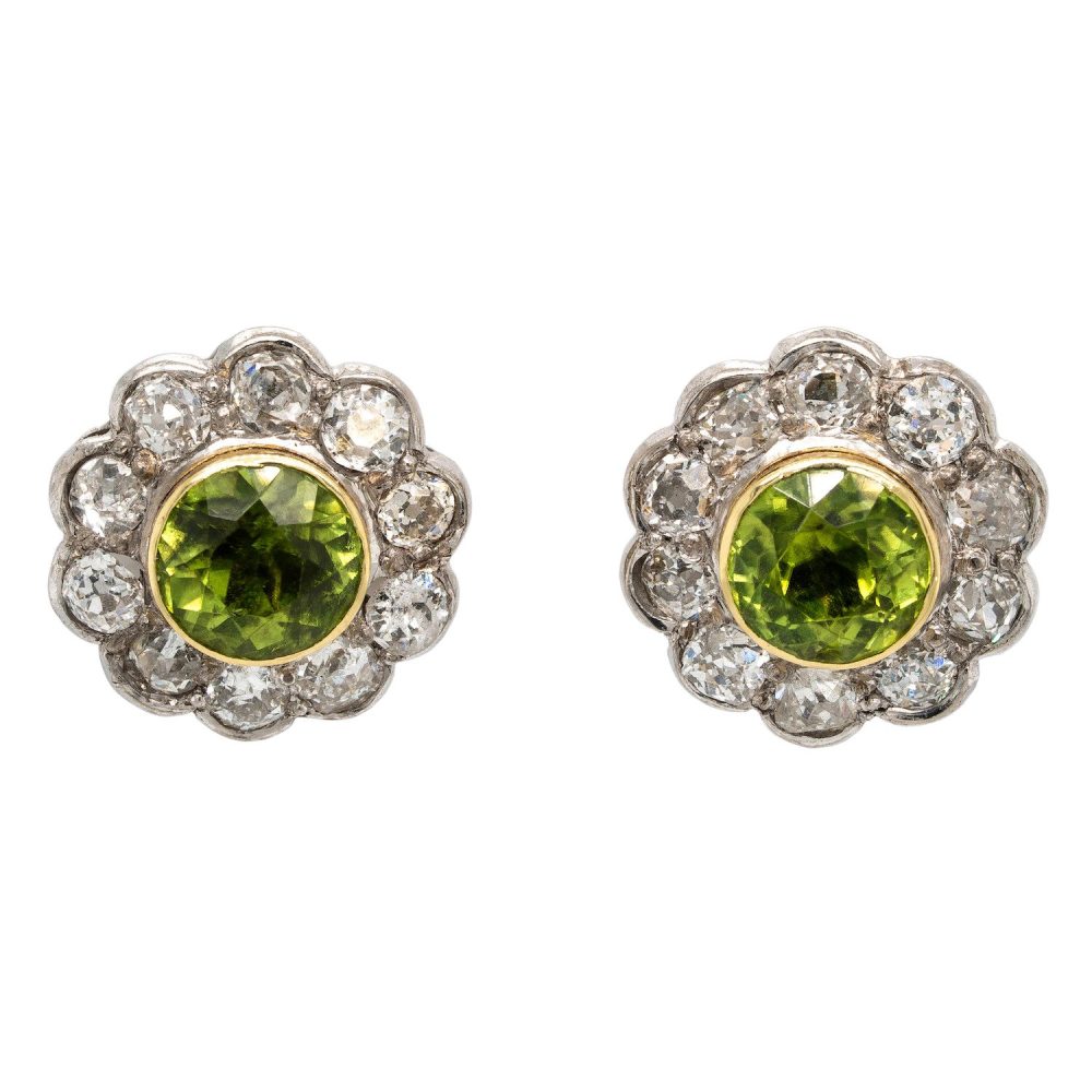 Edwardian 2.50ct Peridot and Diamond Cluster Stud Earrings