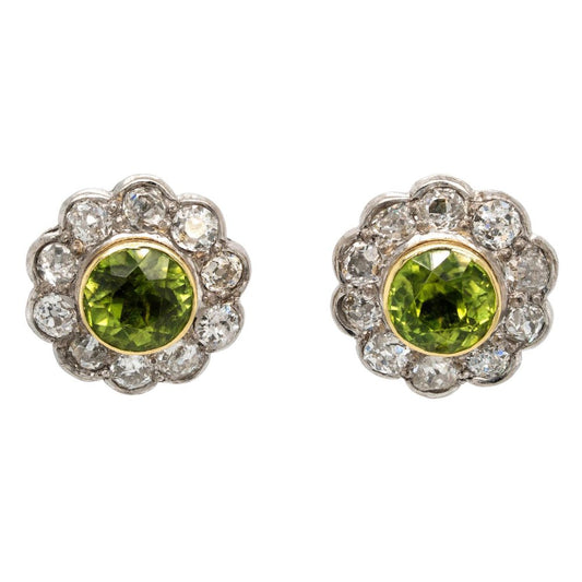 Edwardian 2.50ct Peridot and Diamond Cluster Stud Earrings
