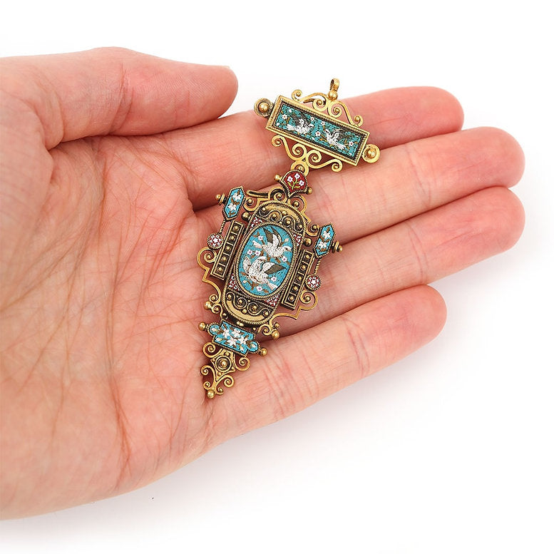 Victorian Antique Twin Doves Micromosaic Pendant Brooch