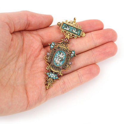 Victorian Antique Twin Doves Micromosaic Pendant Brooch