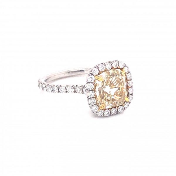 3.00ct Cushion Cut Yellow Diamond Cluster Ring; a 3.00 carat cushion-cut light yellow diamond, with 1.50ct diamond surround, 18ct gold