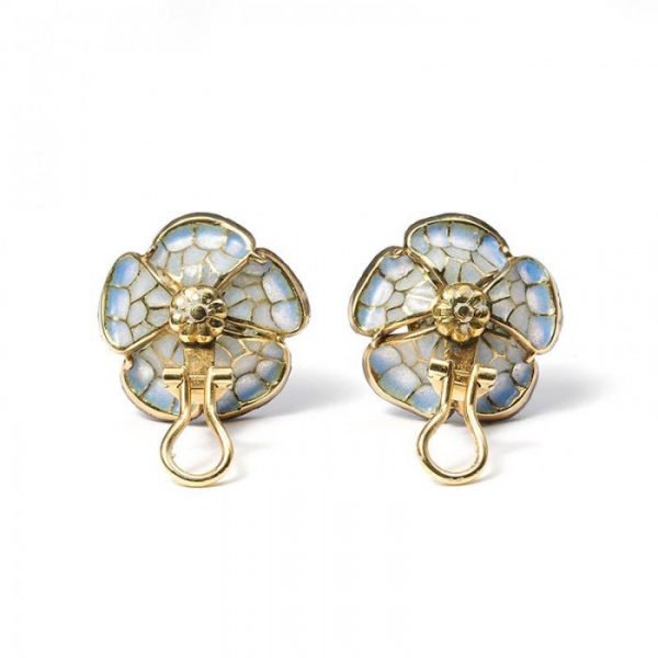 Pale Blue Plique a Jour Enamel and Diamond Flower Earrings