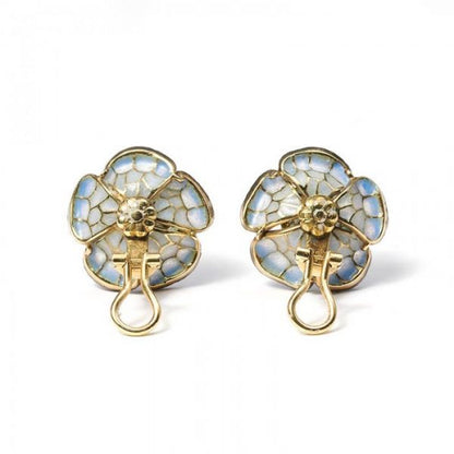 Pale Blue Plique a Jour Enamel and Diamond Flower Earrings