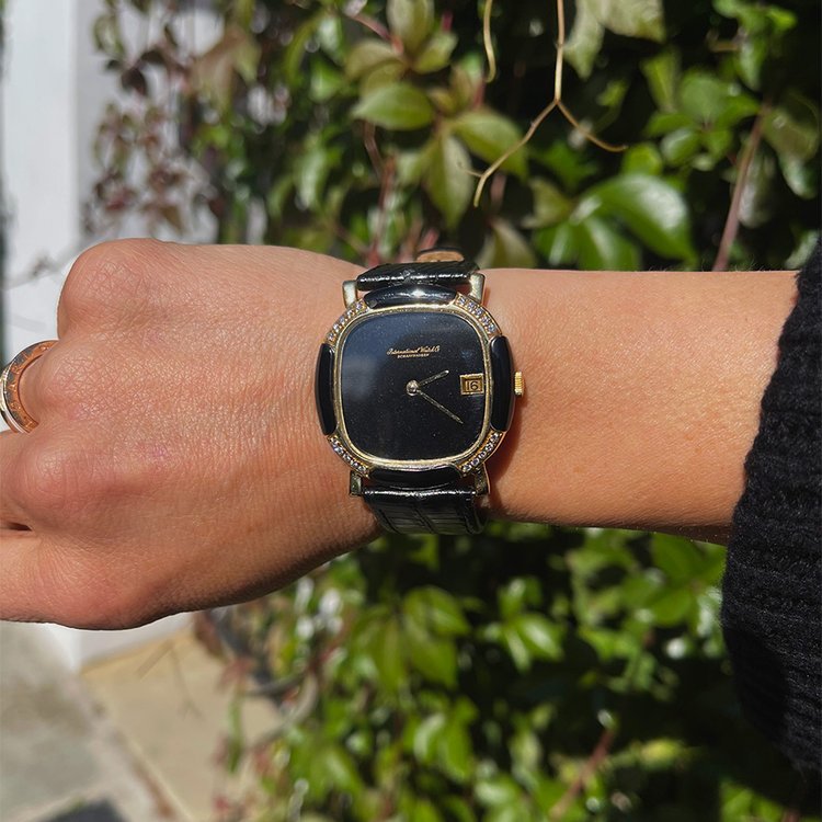 Vintage ladies IWC Schaffhausen 18ct Yellow Gold Watch with Black Face and Diamond and Onyx Bezel, Ref 2232671