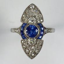 Vintage French Sapphire, Diamond and Platinum Cocktail Ring; set with 1.25cts sapphires and 0.80cts old European-cut diamonds, maker’s mark for Jean Jorens