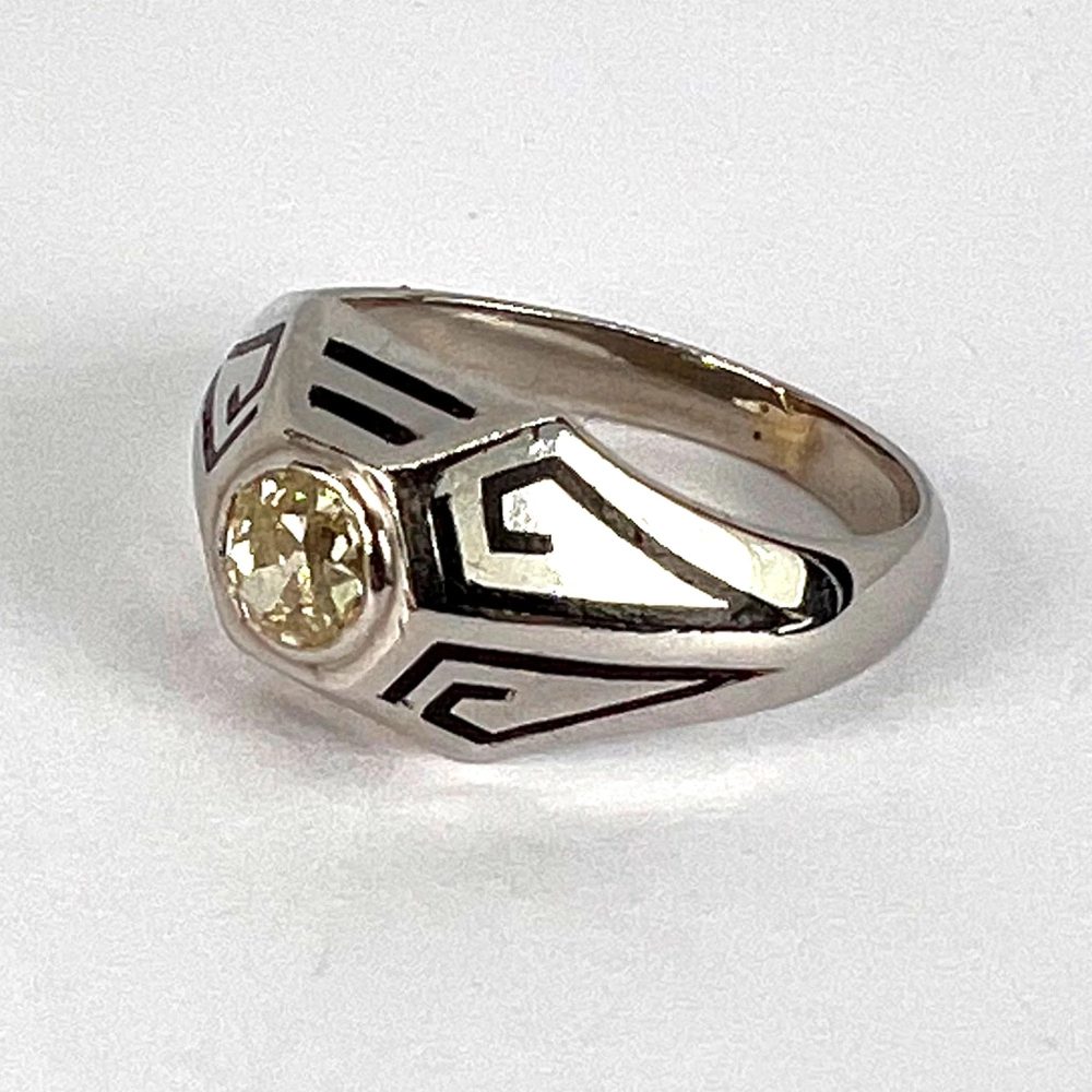 Art Deco 0.45ct Old European Cut Tinted Yellow Diamond Black Enamel and 14ct White Gold Ring