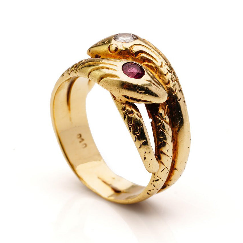 Vintage Yellow Gold Double Serpent Ring with Ruby and Diamond