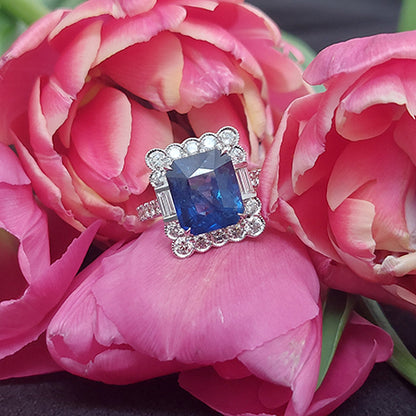 6.21ct Sapphire Ring with Brilliant and Baguette Diamonds