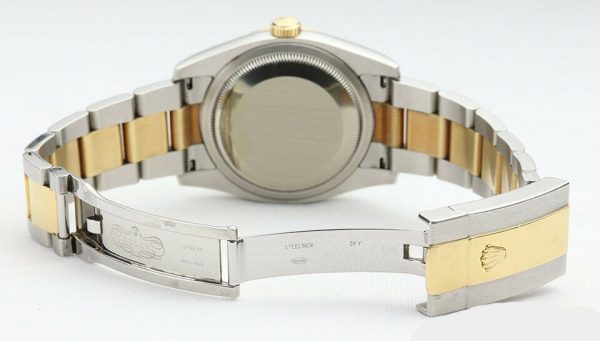 Rolex Mens Datejust 116243 Steel and Gold 36mm Automatic Watch, blue dial, diamond bezel, Two diamond Arabic numerals, screw-down crown, sapphire crystal, Oyster bracelet. With Rolex box and papers, tag and bezel protector.