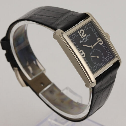 Patek Philippe 5014G Gondolo 18ct White Gold 28mm Manual, black dial, Arabic numerals, small seconds, sapphire crystal, calibre 215, Patek Philippe black leather strap with 18ct white gold pin buckle, with original paper, Circa 2006