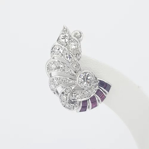 Art Deco Old Cut Diamond and Ruby Spray Earrings, with a fluid geometric spray form, set with old cut diamonds and square step-cut rubies, in 18ct white gold