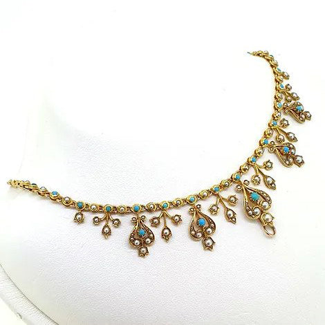 Edwardian Antique Pearl and Turquoise Fringe Necklace