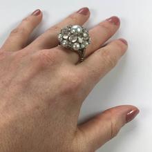 Cats Eye Moonstone and Pearl Cluster Bombe Cocktail Ring