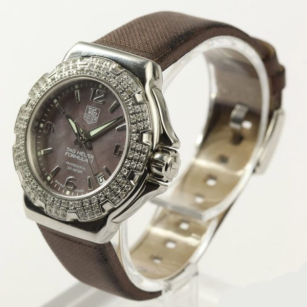 Tag Heuer Formula 1 Ladies Sparkling Diamond Bezel Mother of Pearl Dial 36mm Quartz Watch; Ref. WAC1217, on a TAG Heuer brown satin/leather strap with Tag Heuer buckle