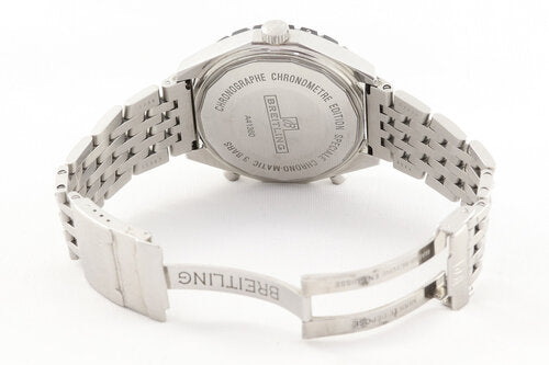 Breitling Chrono-Matic 44mm Automatic Chronograph, black dial, rotating bezel, sapphire crystal, chronograph and date functions, on a stainless steel bracelet with fold-over clasp, with original Breitling papers.