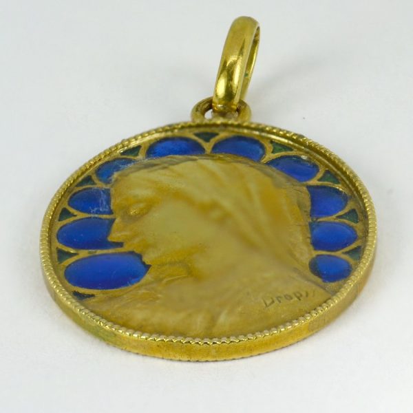 French 18ct Gold and Blue Enamel Virgin Mary Pendant, Signed Dropsy