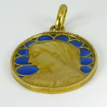 French 18ct Gold and Blue Enamel Virgin Mary Pendant, Signed Dropsy