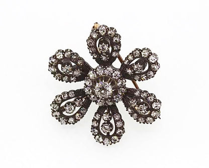 Vintage Old Cut Diamond Flower Brooch, Silver and Gold