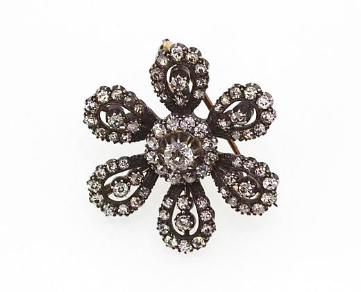 Vintage Old Cut Diamond Flower Brooch, Silver and Gold