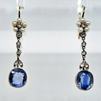 Edwardian Belle Epoque Antique Cornflower Ceylon Sapphire Natural Pearl and Diamond Drop Earrings in Platinum