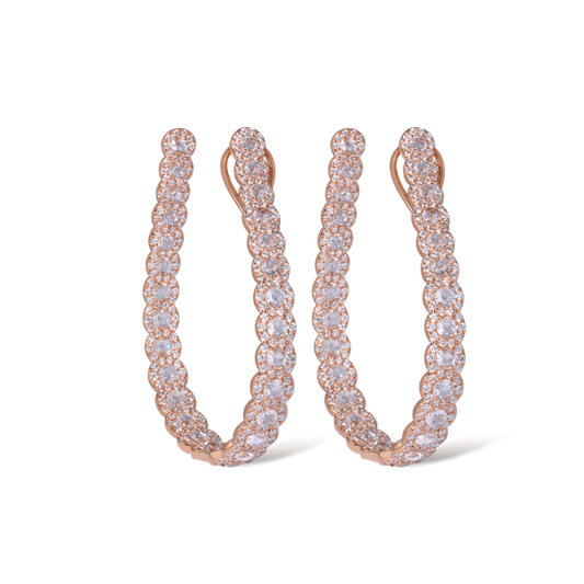 Rose Cut Diamond Hoop Earrings; featuring 5.56 carats of round rose cut diamonds in a loop surrounded by 456 brilliant-cut diamonds, in 18ct rose gold