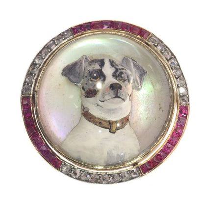 Antique Art Deco Gold Diamond Reverse Intaglio Jack Russel Terrier Brooch