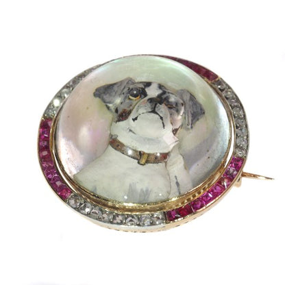 Antique Art Deco Gold Diamond Reverse Intaglio Jack Russel Terrier Brooch