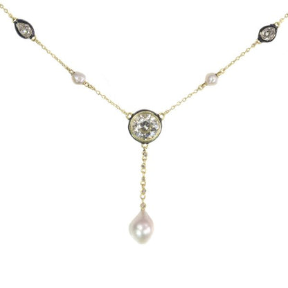 antique Victorian large diamond and large natural pearl necklace