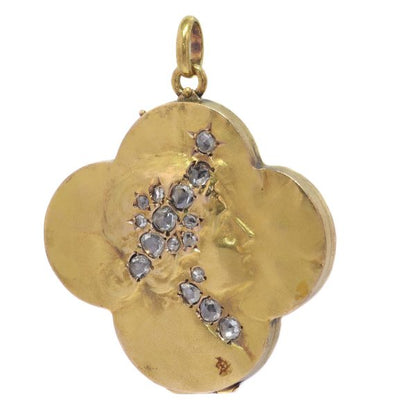 Antique Art Nouveau Locket Lady's Head in Four Leaf Clover Set With Rose Cut Diamonds