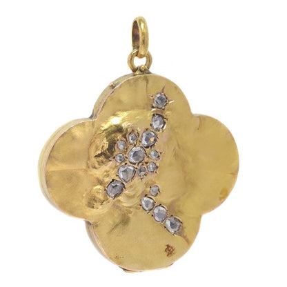 Antique Art Nouveau Locket Lady's Head in Four Leaf Clover Set With Rose Cut Diamonds
