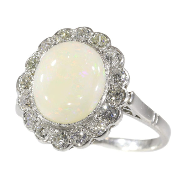 Vintage 2.50 Carat Opal And Old Cut Diamond Engagement Ring In Platinum