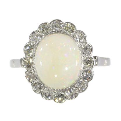 Vintage 2.50 Carat Opal And Old Cut Diamond Engagement Ring In Platinum