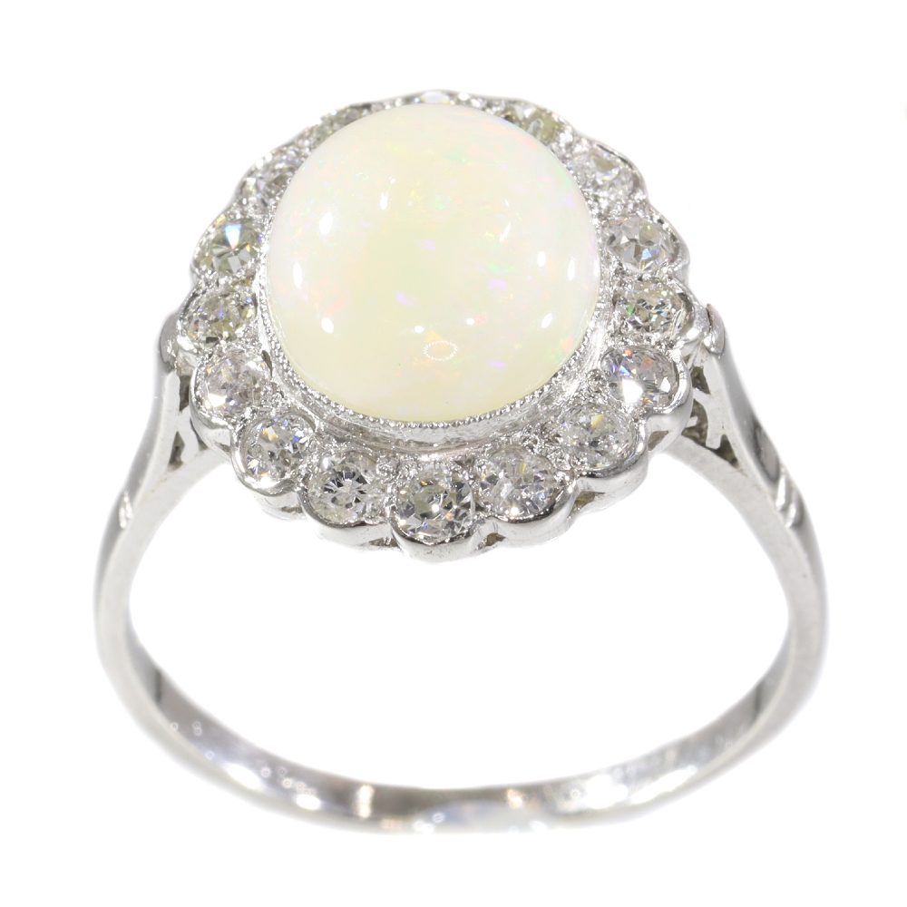 Vintage 2.50 Carat Opal And Old Cut Diamond Engagement Ring In Platinum