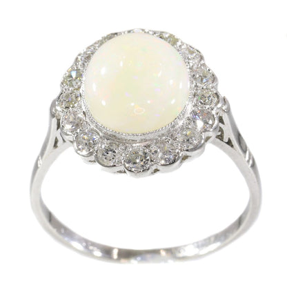 Vintage 2.50 Carat Opal And Old Cut Diamond Engagement Ring In Platinum