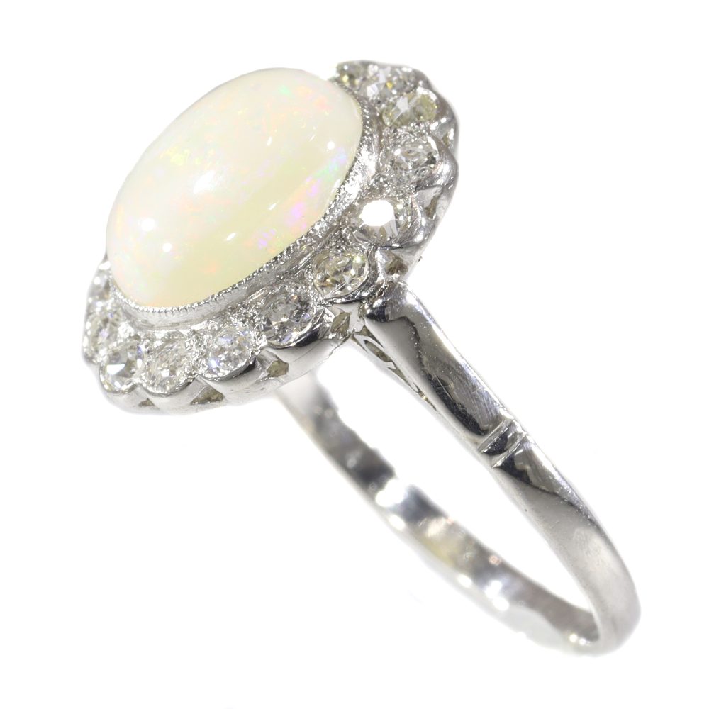 Vintage 2.50 Carat Opal And Old Cut Diamond Engagement Ring In Platinum