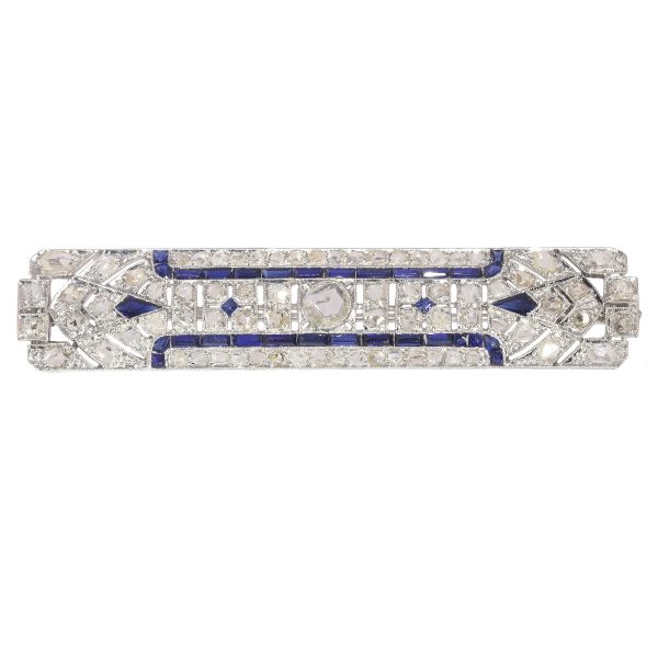 Antique Art Deco Platinum Diamond and Sapphire Bar Brooch