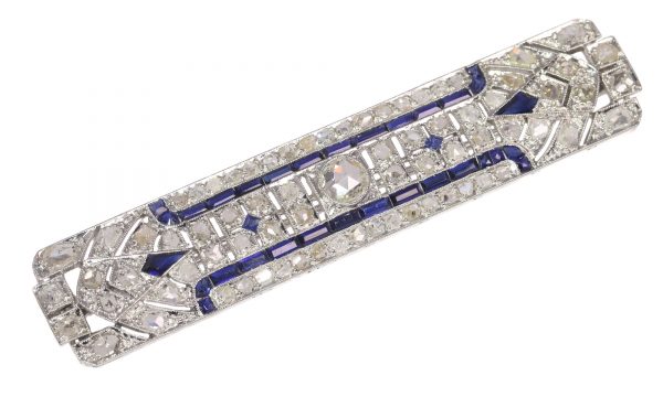 Antique Art Deco Platinum Diamond and Sapphire Bar Brooch