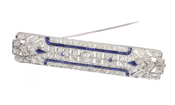 Antique Art Deco Platinum Diamond and Sapphire Bar Brooch