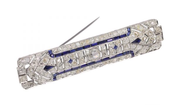 Antique Art Deco Platinum Diamond and Sapphire Bar Brooch