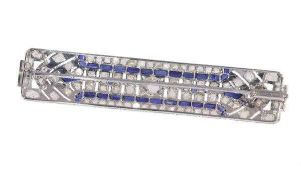Antique Art Deco Platinum Diamond and Sapphire Bar Brooch