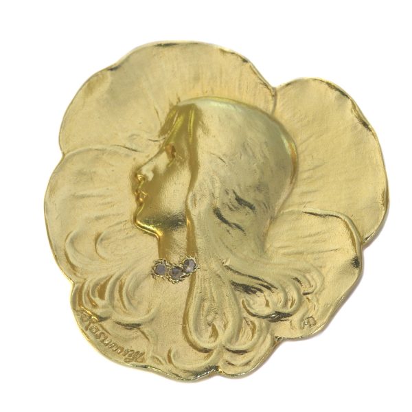 Antique Art Nouveau Lady's Head Brooch Signed Rasumny