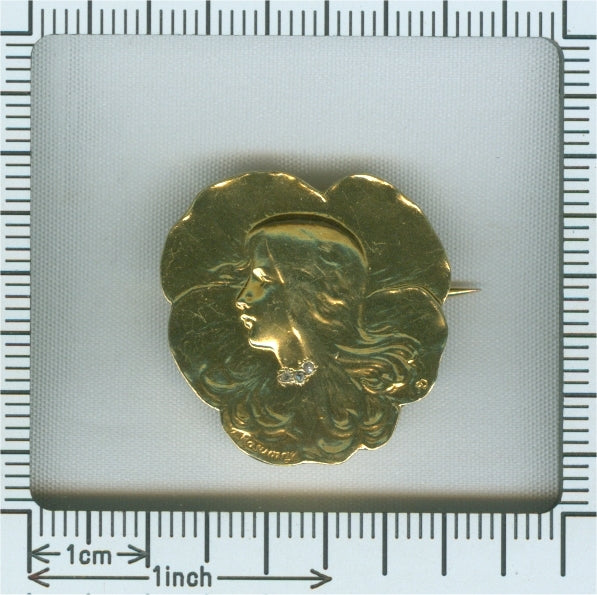 Antique Art Nouveau Lady's Head Brooch Signed Rasumny