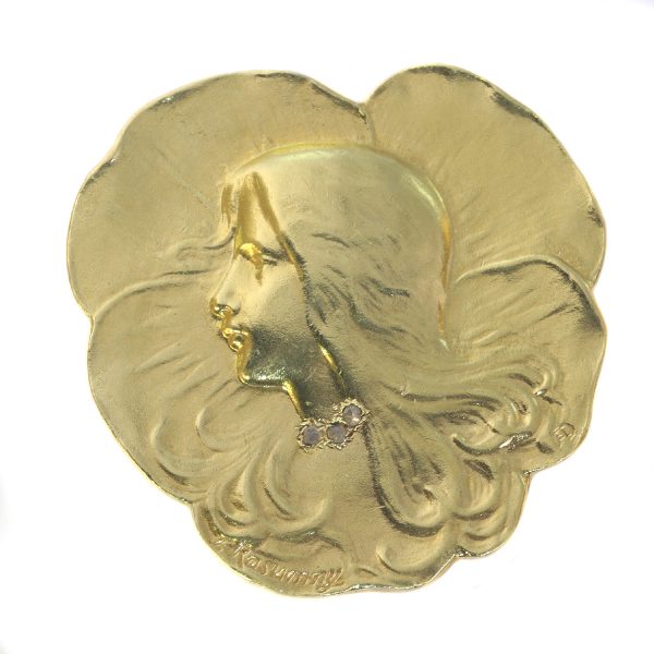 Antique Art Nouveau Lady's Head Brooch Signed Rasumny