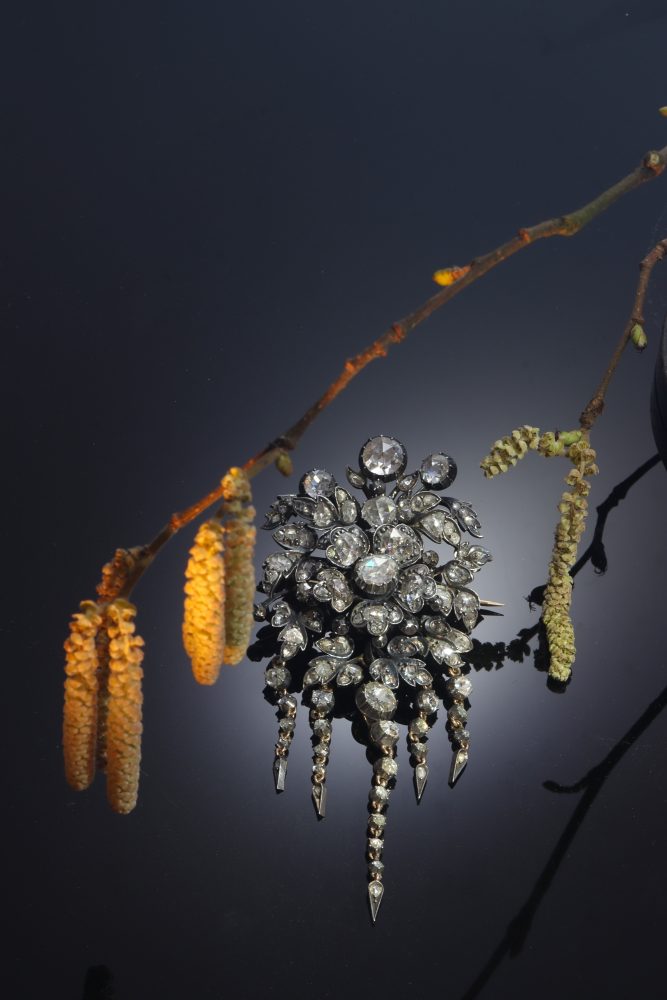 Victorian Diamond Flower Brooch In Silver And 14 Carat Rose Gold