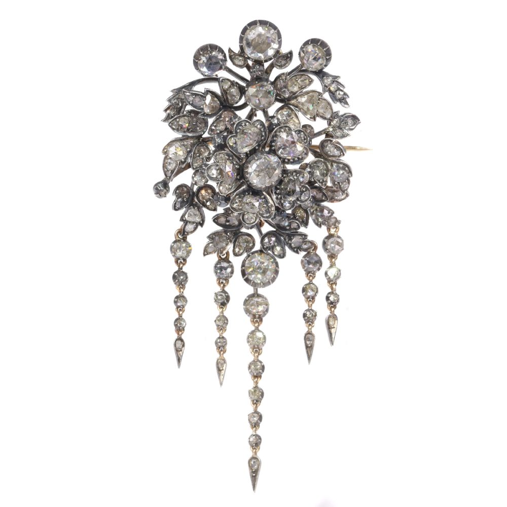 Victorian Diamond Flower Brooch In Silver And 14 Carat Rose Gold