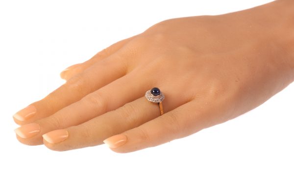 Antique Art Deco Diamond and High Domed Cabochon Sapphire Ring