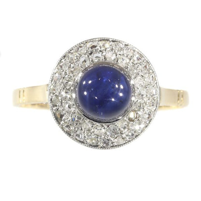 Antique Art Deco Diamond and High Domed Cabochon Sapphire Ring