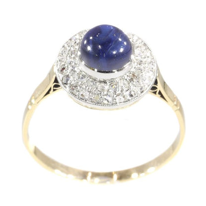 Antique Art Deco Diamond and High Domed Cabochon Sapphire Ring