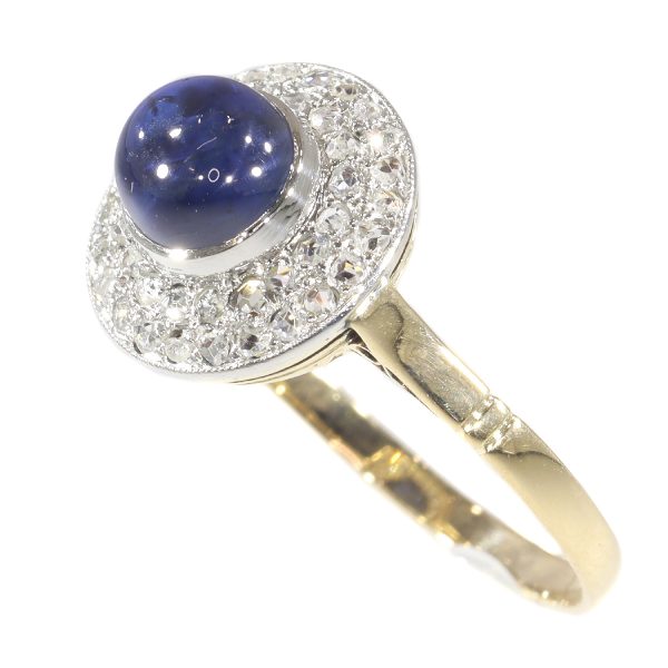 Antique Art Deco Diamond and High Domed Cabochon Sapphire Ring